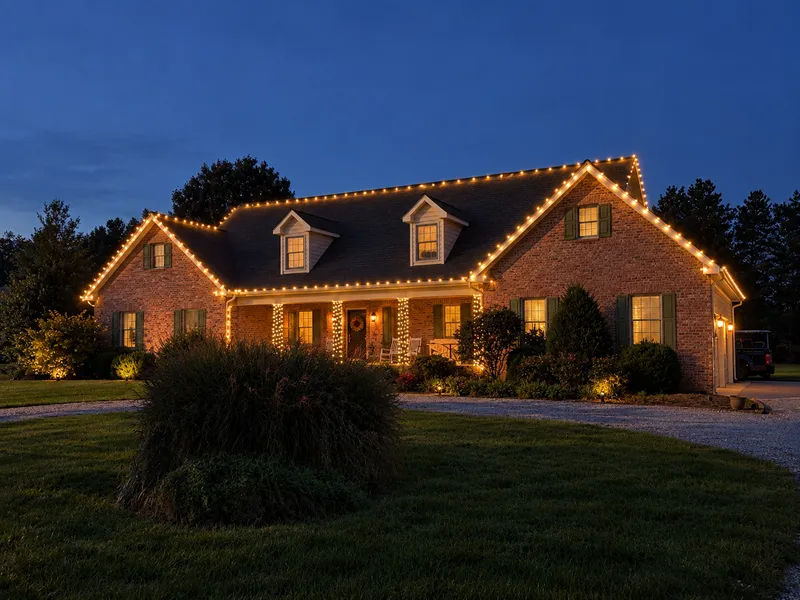 Brick home at dusk with warm white Christmas lights along every roofline, dormer and porch column