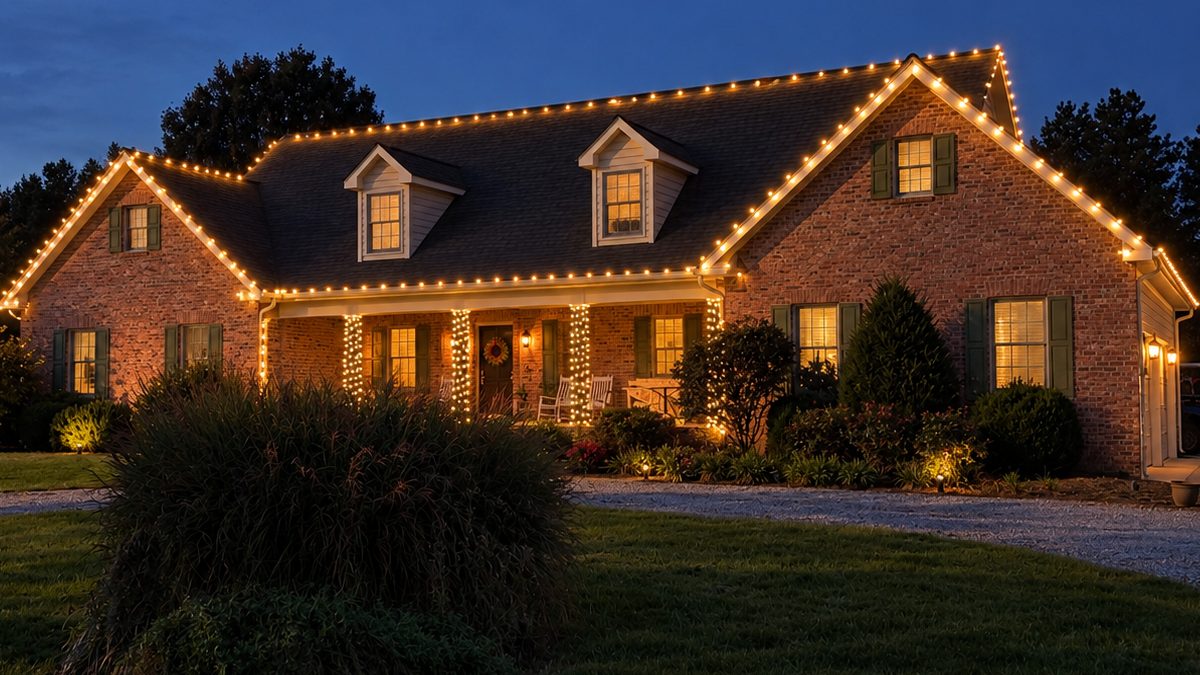 Front porch and dormers of a brick home outlined in warm white Christmas lights, with lit porch columns and a wreath on the door
